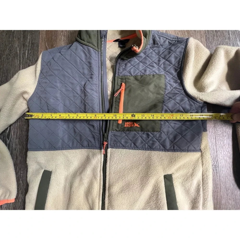 Eddie Bauer Fleece Jacket Kids XL 14/16 Beige Gray Quilted Full Zip Outdoor